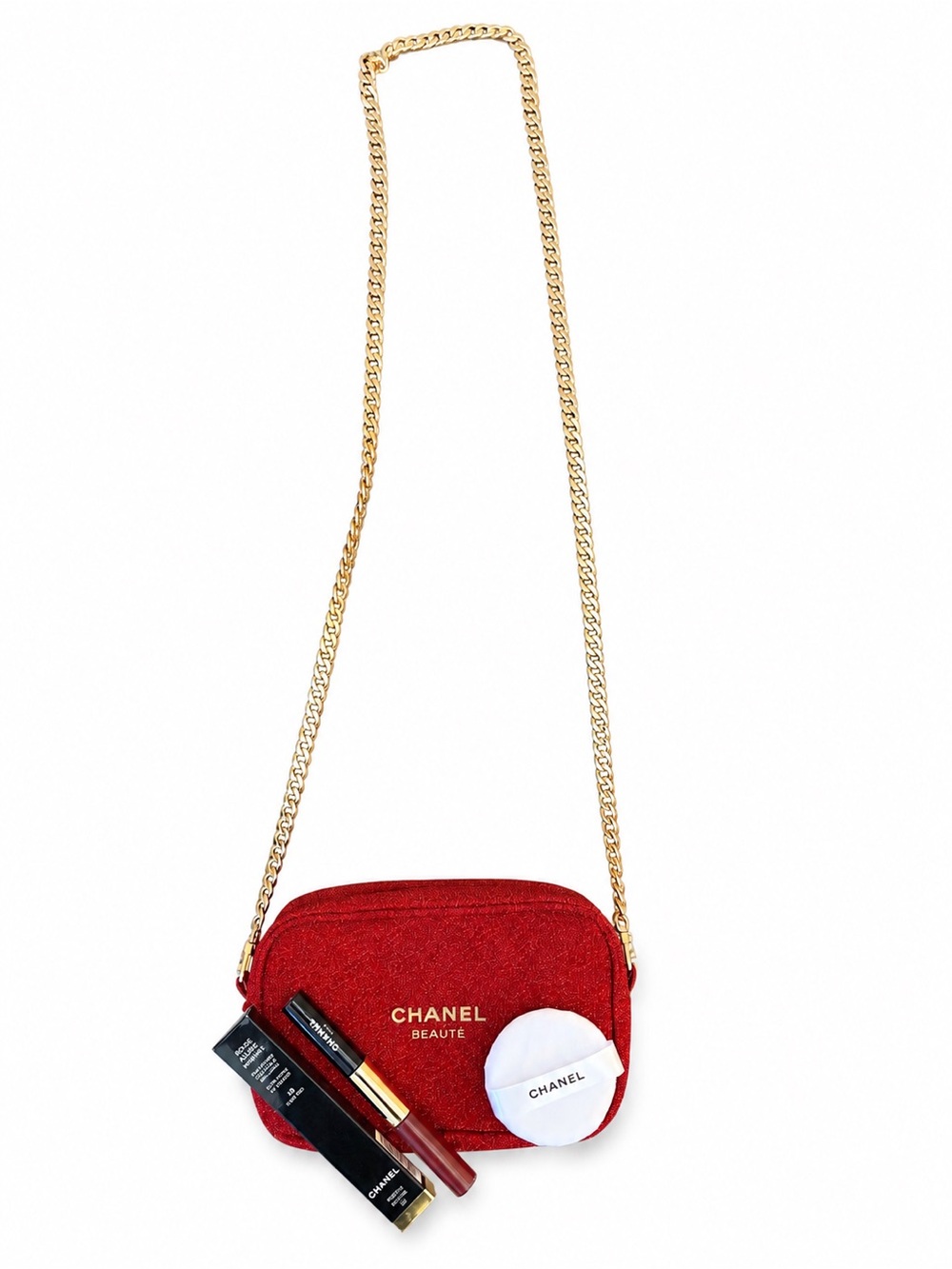 NWT CHANEL BEAUTE Red pouch + Rouge Double Intensité 49 Ever Red Lipgloss set